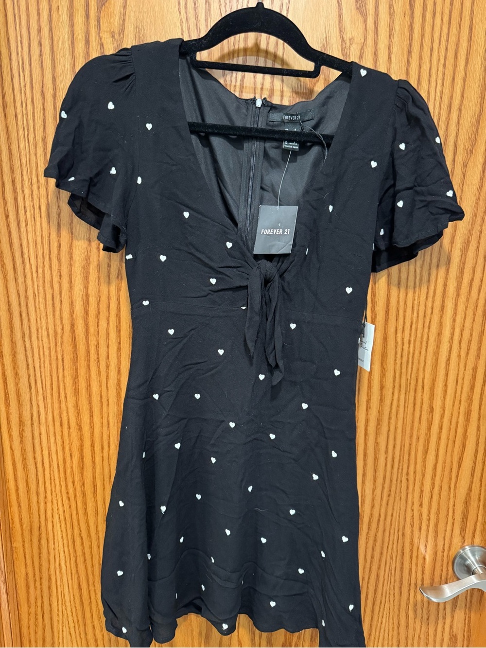 Forever 21 Black Mini Dress with White Heart Print and Tie Front